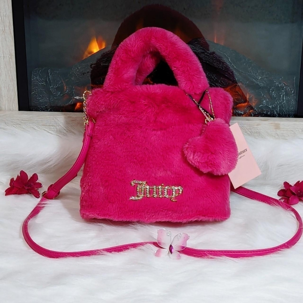 JUICY COUTURE FREE LOVE FLUFFY MINI TOTE CROSSBODY BAG W HEART CHARM